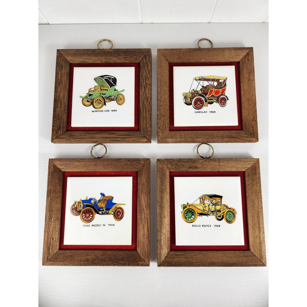 Vintage Antique Car Ceramic Tile Wall Art Set of 4 Wood Framed Ford Rolls Royce